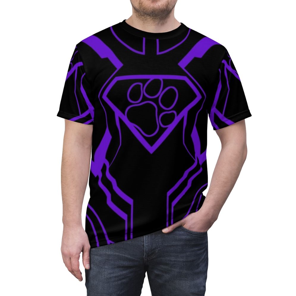 Superpup-inspired purple all-over print t-shirt with superhero and pop culture parody graphics - men front