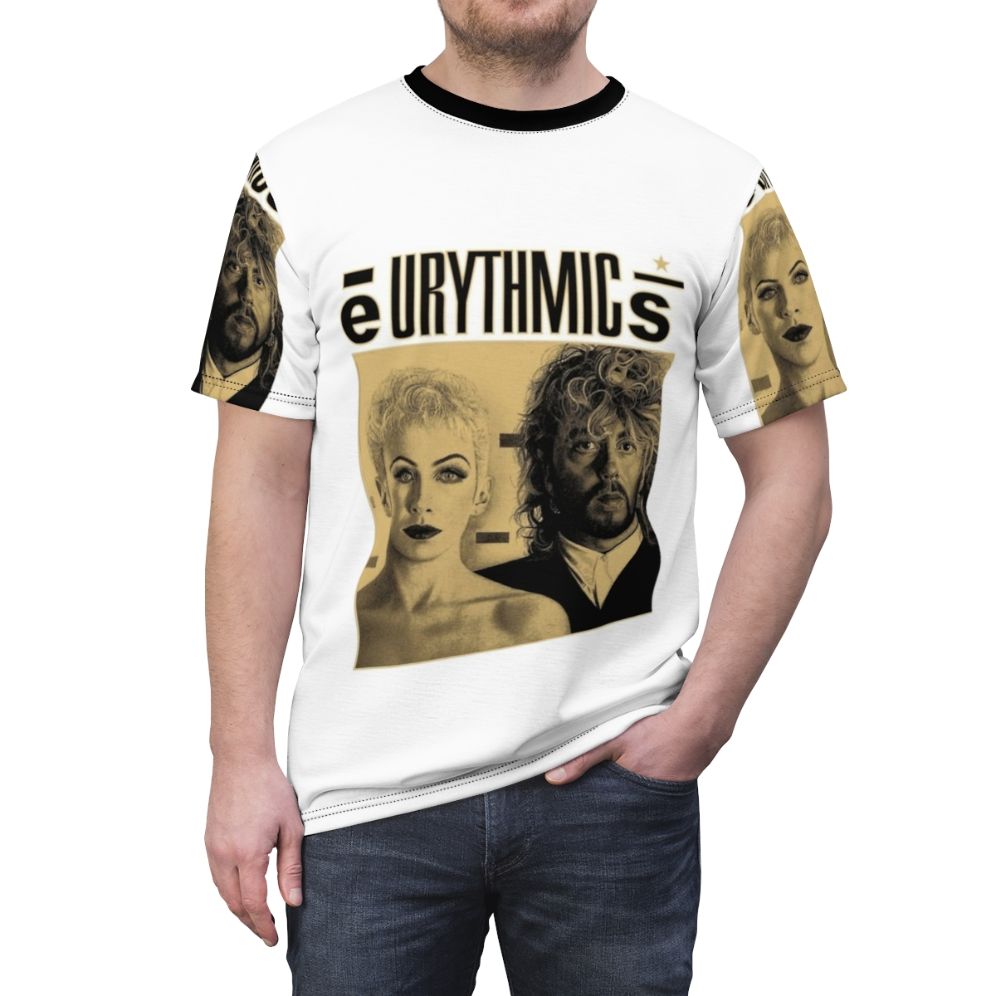 Stylish 80s inspired t-shirt featuring the iconic lyrics and music of the Eurythmics - men front