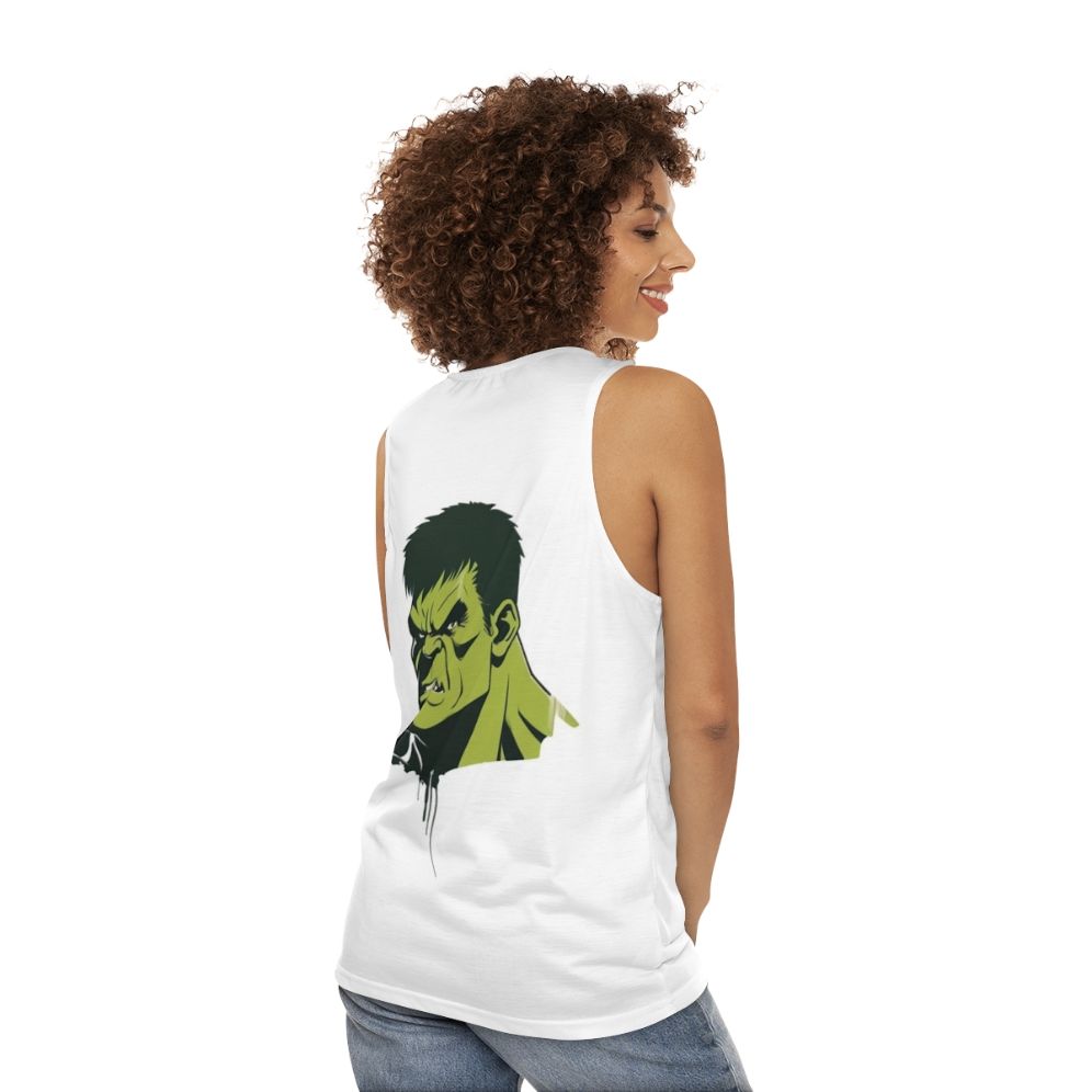 Marvel superhero unisex tank top with Hulk, Avengers, and Endgame graphics - women back