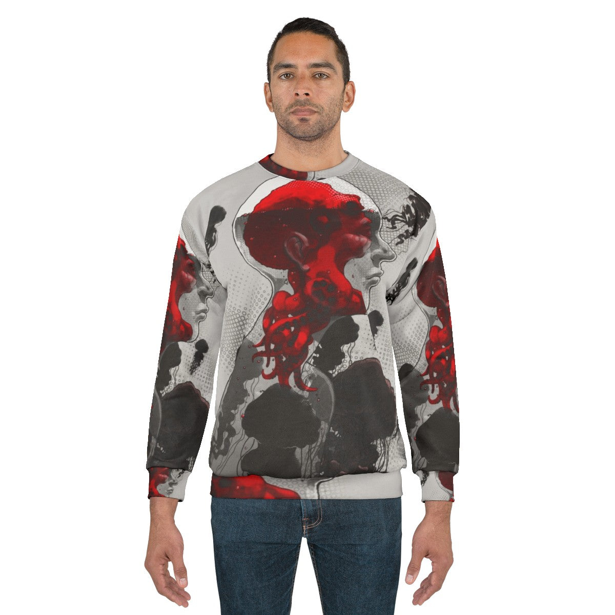 Sweatshirt featuring a surreal, illustrated design with aquatic monsters and psychedelic swirls - men