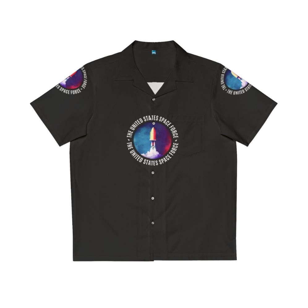 Space Force rocket water color badge design on a Hawaiian shirt