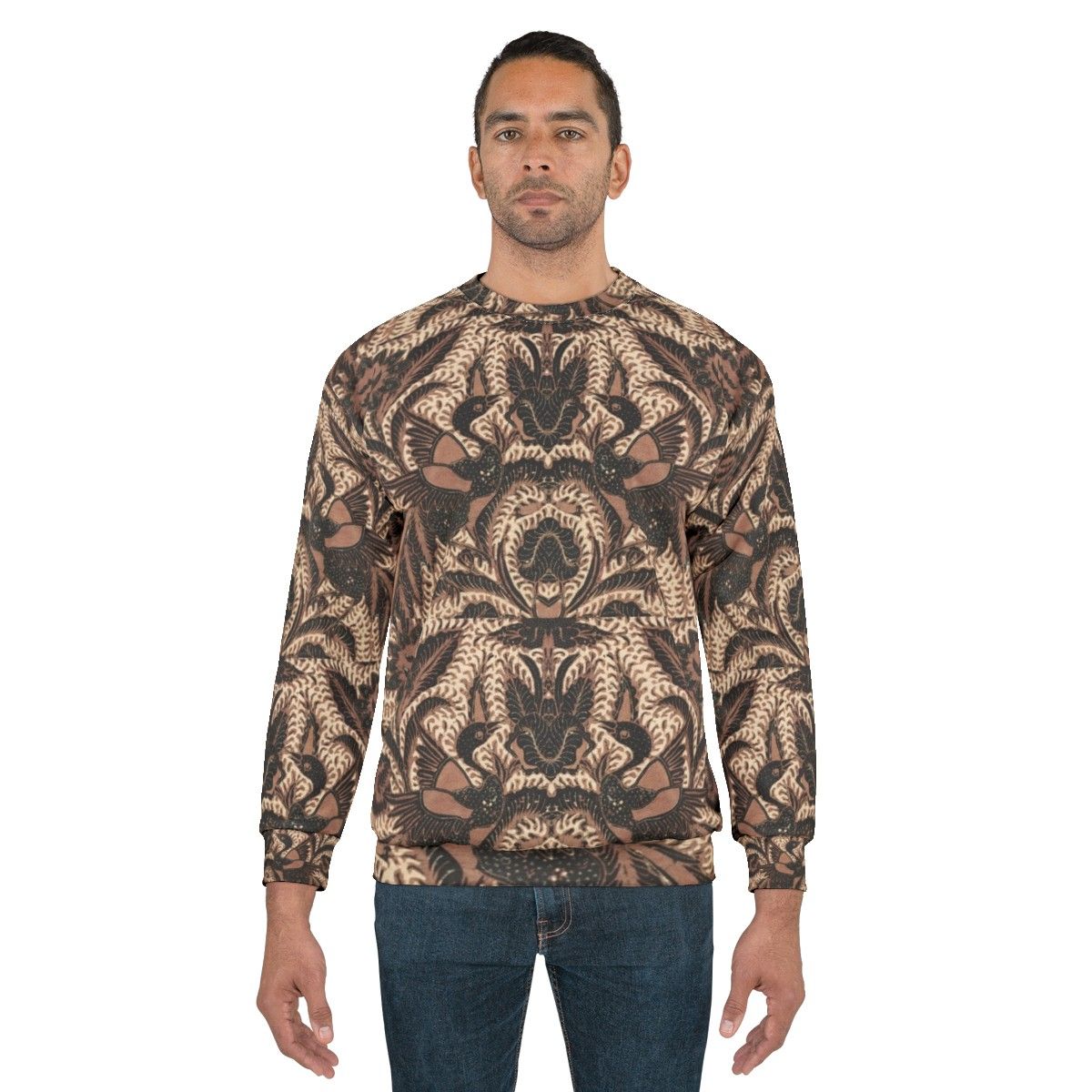 Batik Sweatshirt with Traditional Indonesian Bird and Flower Designs - men