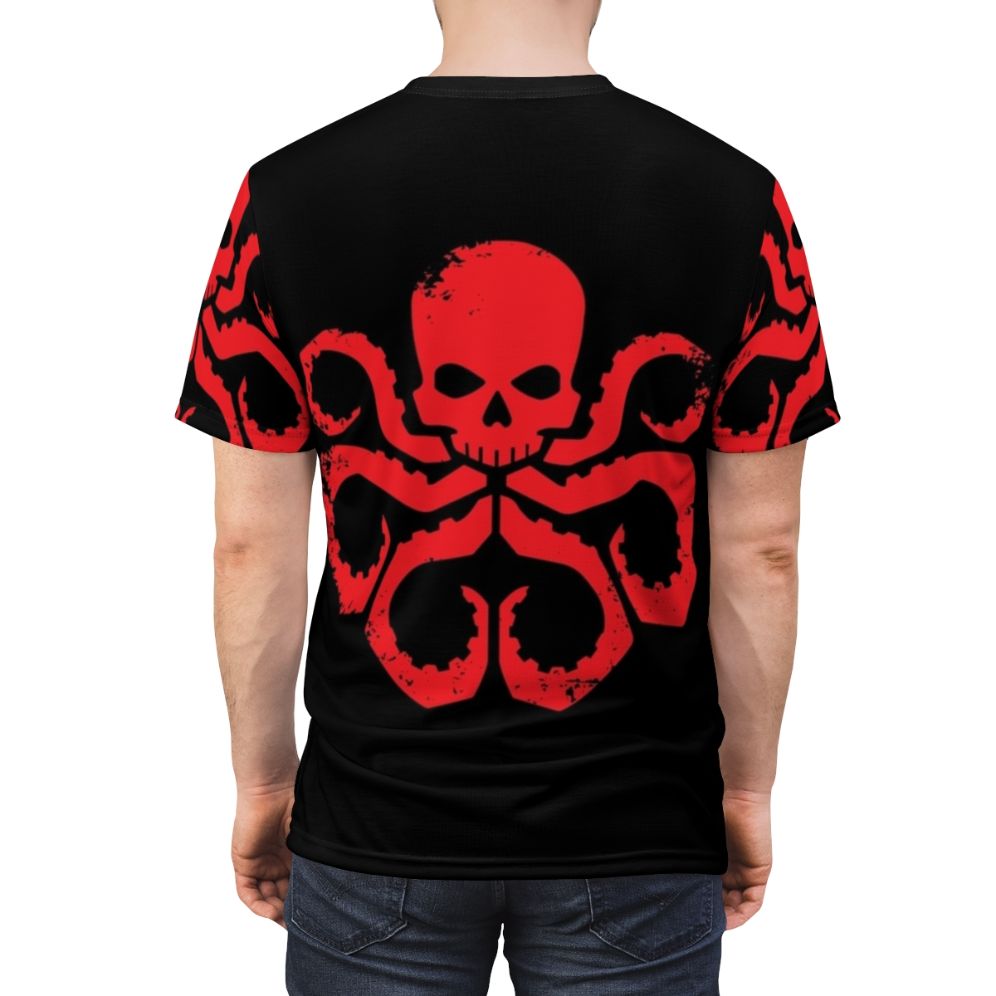 Hydra-inspired all-over-print t-shirt featuring a stylized superhero comic art design - men back