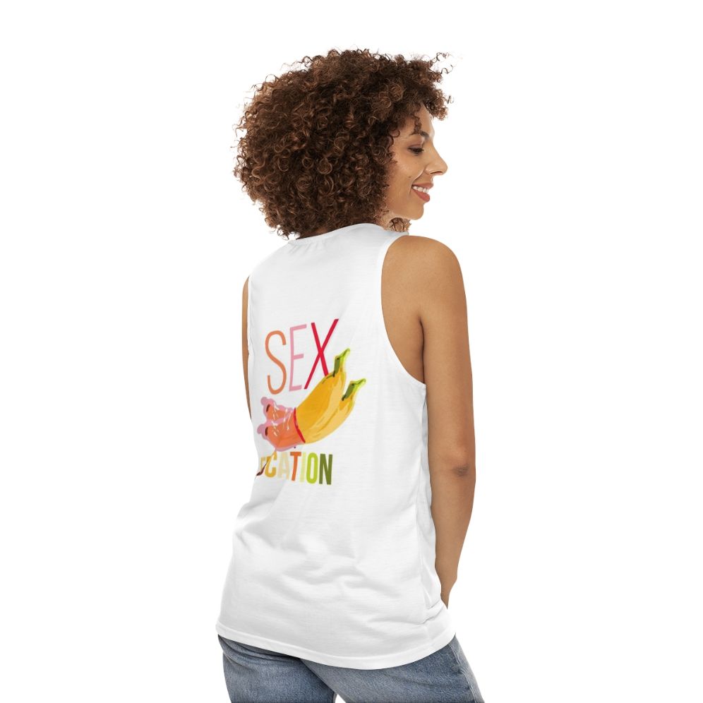 Unisex Sex Education Netflix tank top with banana logo and love theme - women back