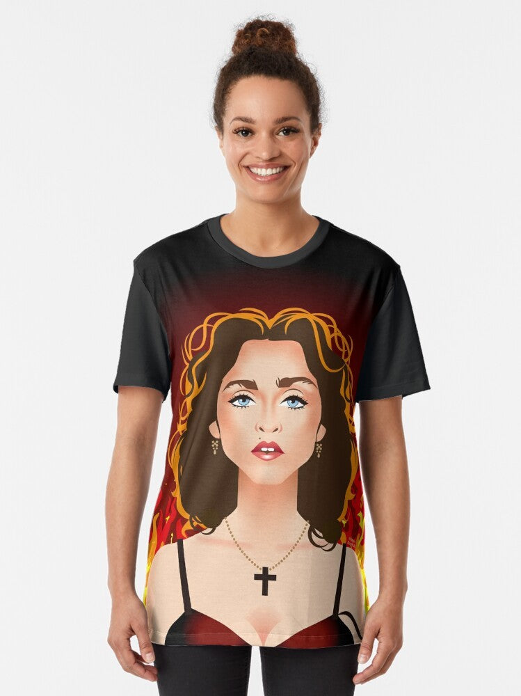 Prayer Graphic T-Shirt featuring a cross, fire, and music icon - Women