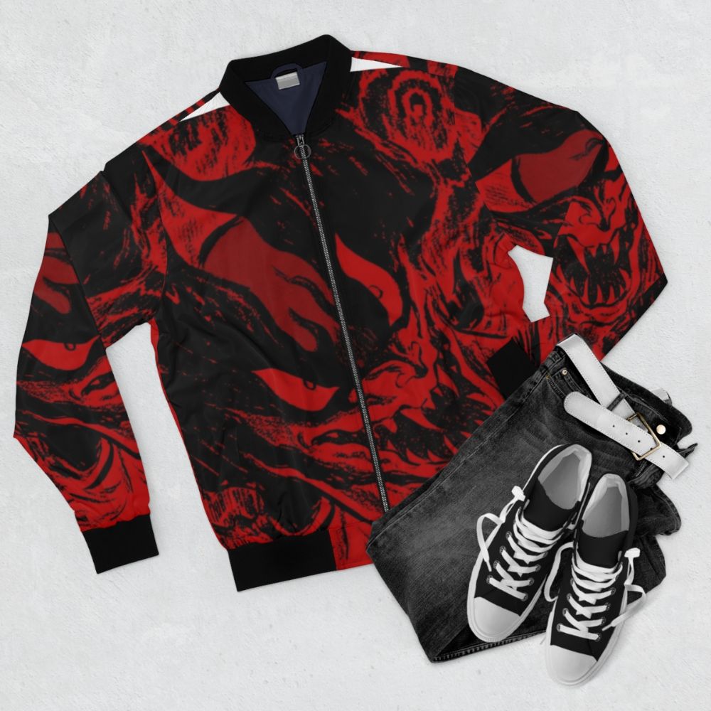 Devilman anime-inspired bomber jacket with demonic design - Flat lay