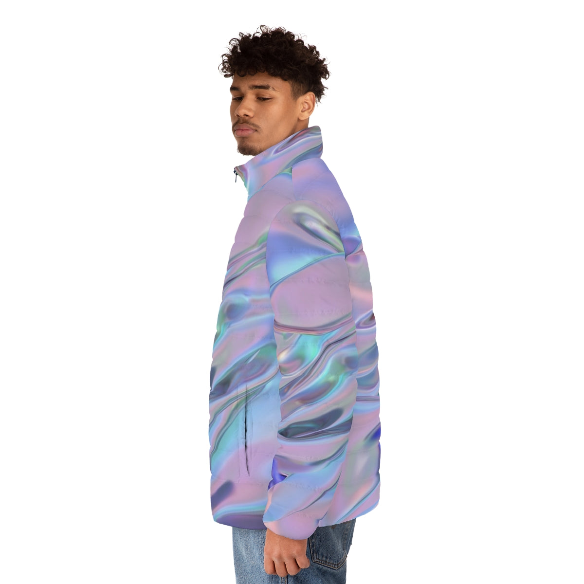 Holographic puffer jacket with abstract, colorful graphic design - men side left