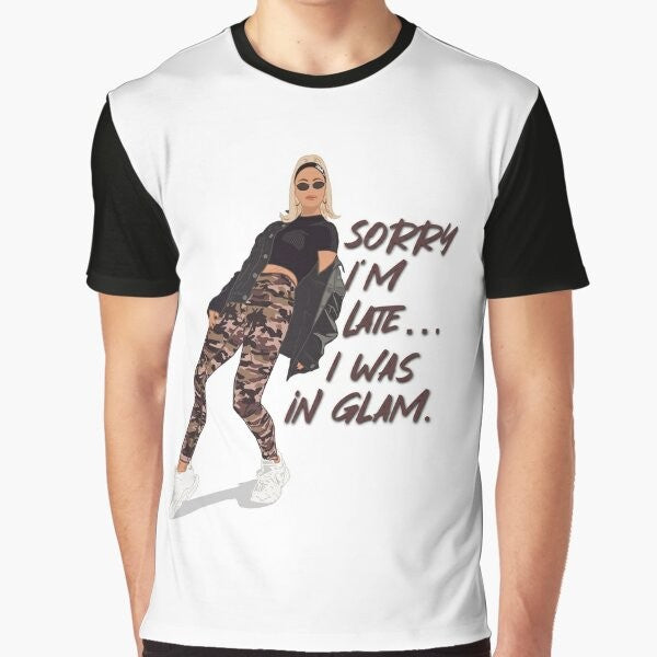 Dorit Kemsley "Sorry I'm Late I Was In Glam" graphic t-shirt, featuring a design for fans of the Real Housewives of Beverly Hills TV show.