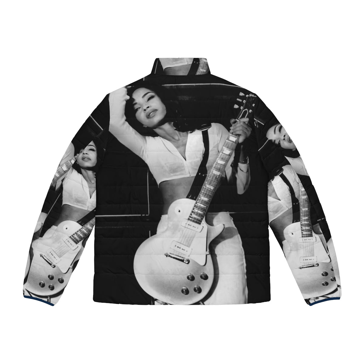 A puffer jacket featuring a photo of the iconic musician Sade, with a guitar and retro-inspired design. - Back