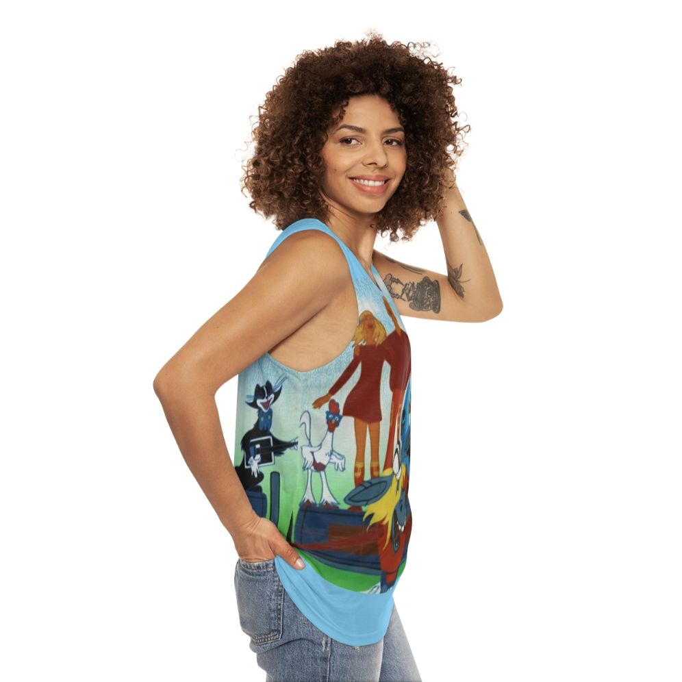 Unisex tank top featuring characters from the Soviet cartoon "The Musicians From Bremen" - women side