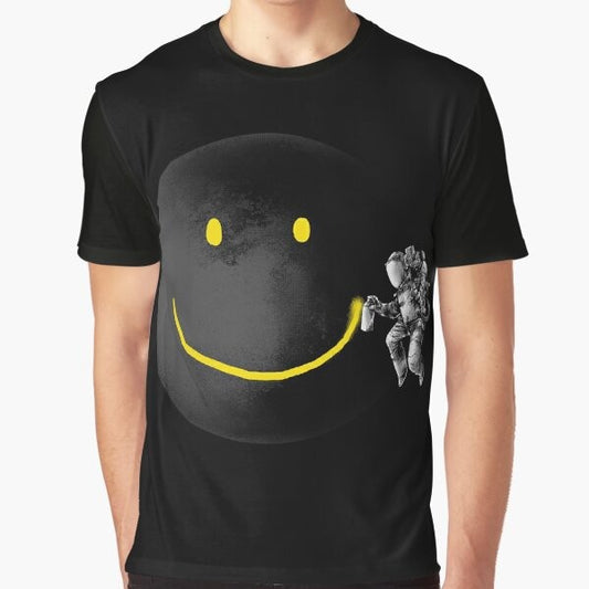 Surrealist t-shirt design featuring a smiling abstract face with an astronaut and the moon in a black and white sci-fi style