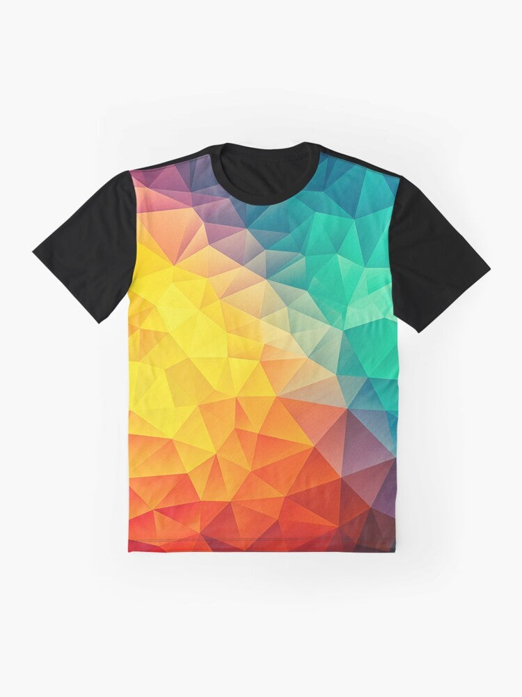 A colorful abstract geometric graphic design t-shirt with triangle and polygon shapes. - Flat lay