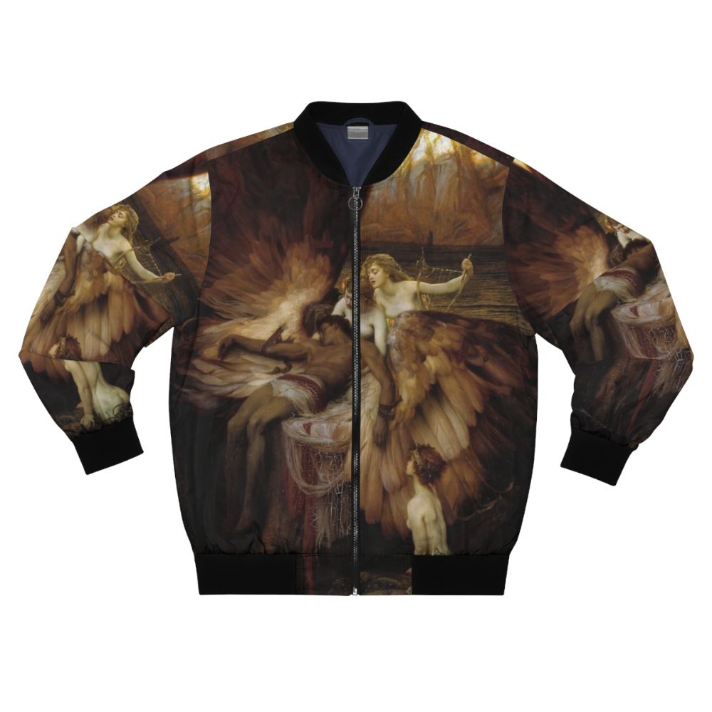 Bomber jacket featuring "The Lament for Icarus" painting by Herbert James Draper, depicting the mythological figure Icarus who flew too close to the sun.