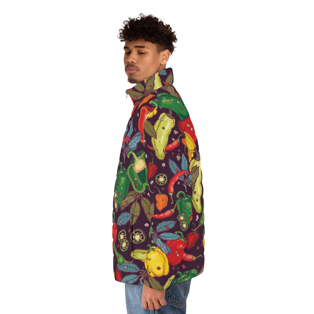 Spicy Hot Puffer Jacket with Vibrant Pepper Pattern - men side left