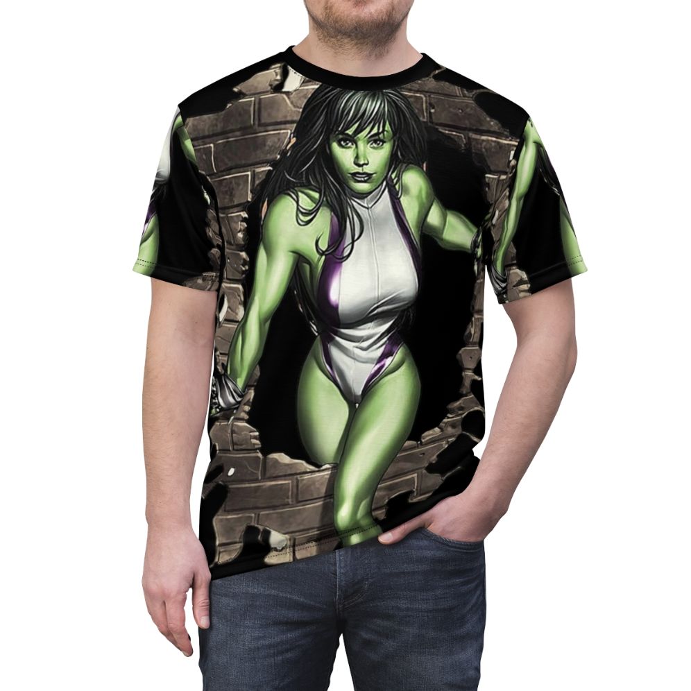 Vibrant green girl AOP t-shirt with fantasy film and action movie-inspired design - men front