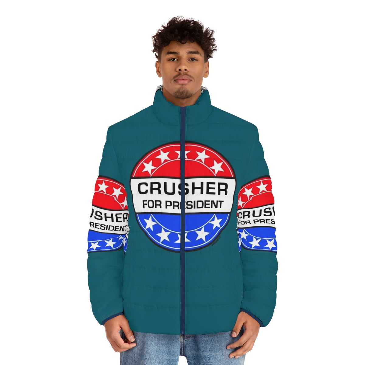 Retro sci-fi puffer jacket featuring Crusher for President design - men front