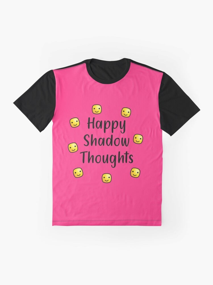 Inspiring minimalist t-shirt with the text "Happy Shadow Thoughts" in a modern, typographic design. - Flat lay