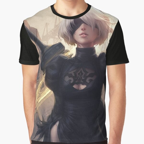 2B from the video game Nier Automata on a graphic t-shirt