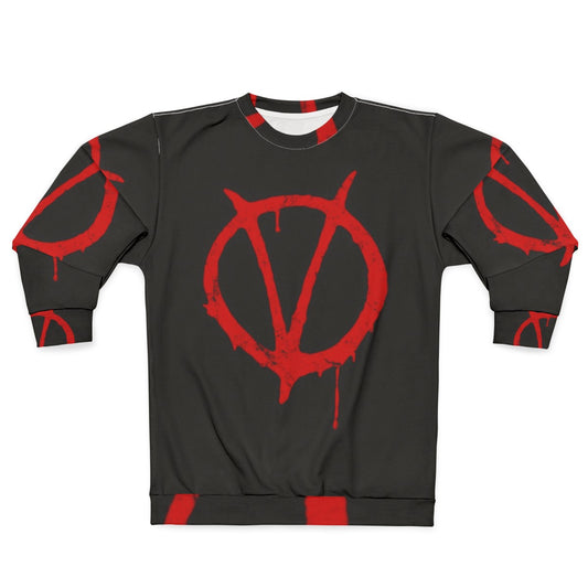 Vintage V for Vendetta symbol graphic on black sweatshirt