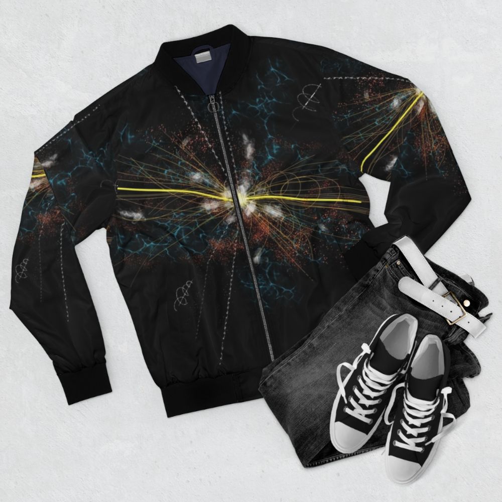 A bomber jacket featuring the Higgs boson, a fundamental particle in quantum physics. - Flat lay