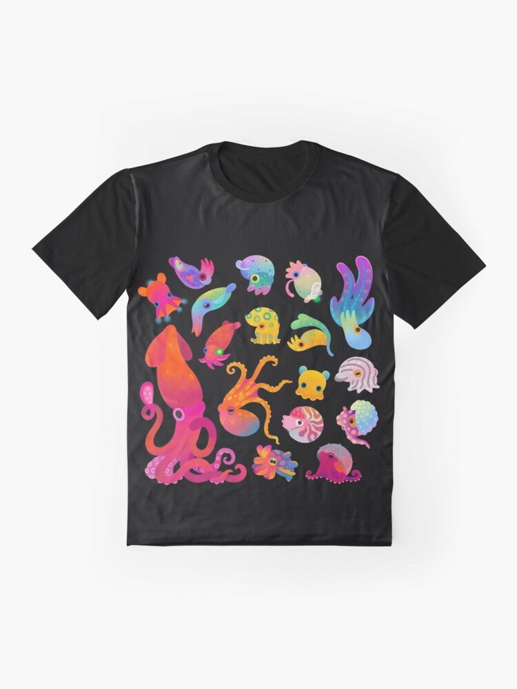 Cephalopod Graphic T-Shirt featuring a variety of marine cephalopods like squid, octopus, and more - Flat lay