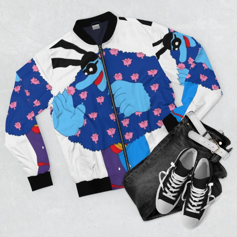 Blue Meanie Bomber Jacket with Beatles-inspired graphics - Flat lay