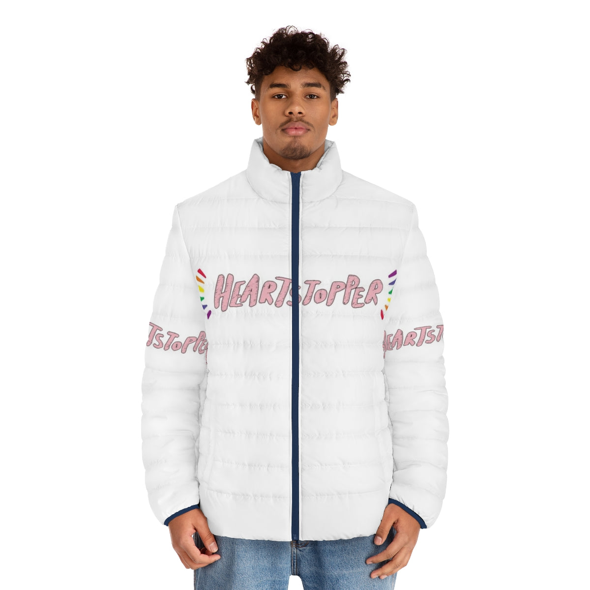 Heartstopper-inspired puffer jacket with graphic design - men front