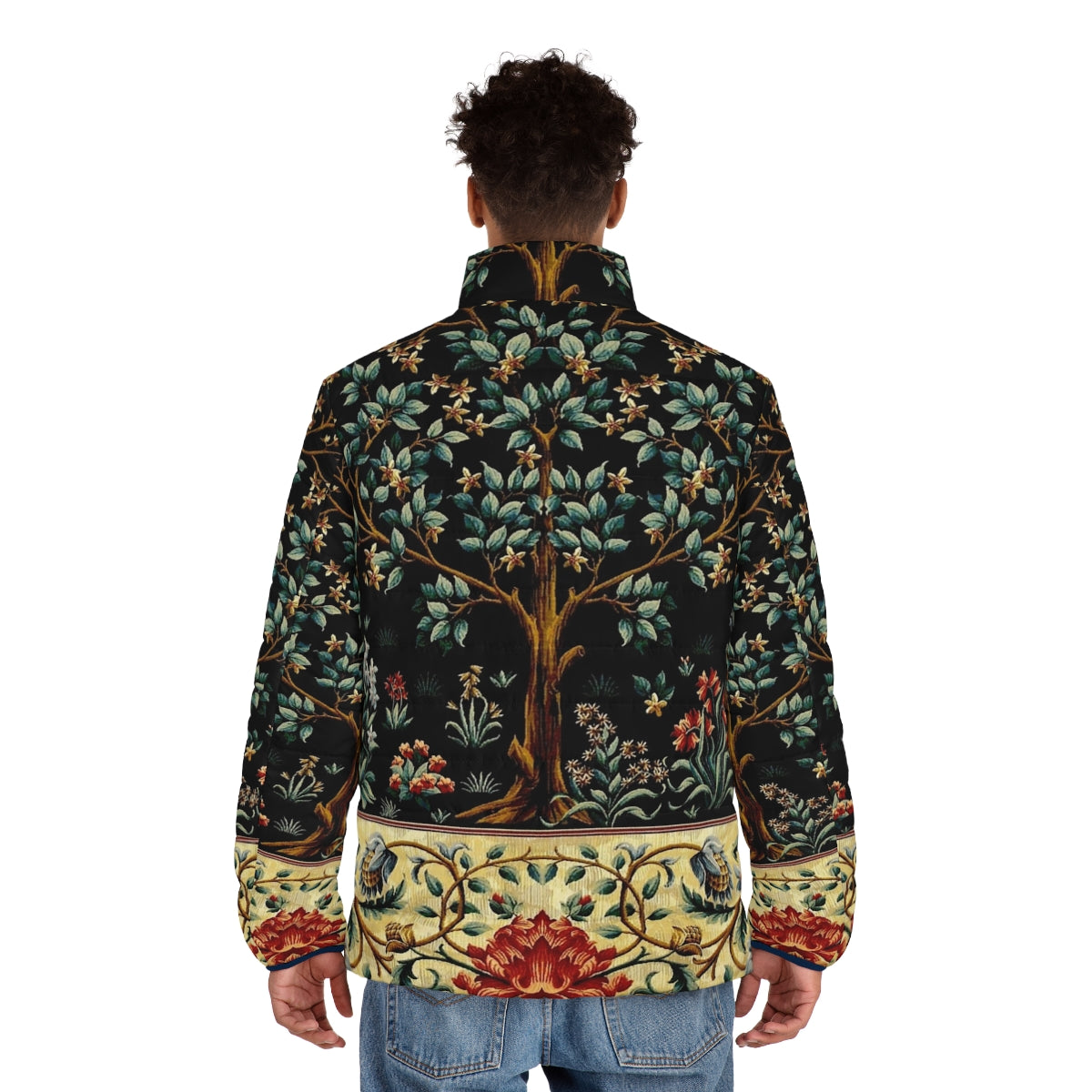 Midnight floral tapestry puffer jacket with enchanted, magical design - men back