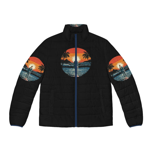 A beautiful puffer jacket featuring a sunset and surfer design