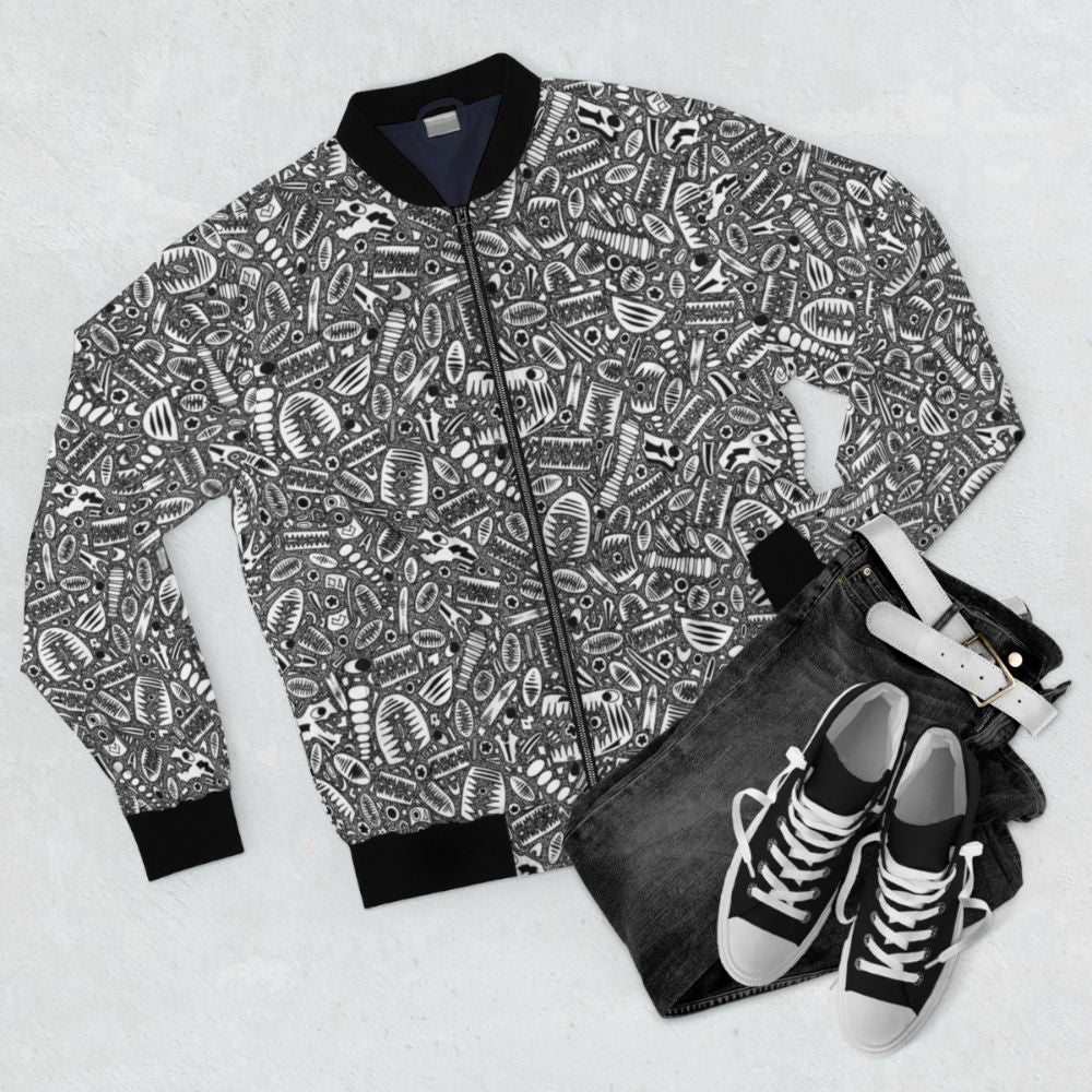 Crinoid fossil pattern bomber jacket with an 18th century ink drawing design - Flat lay