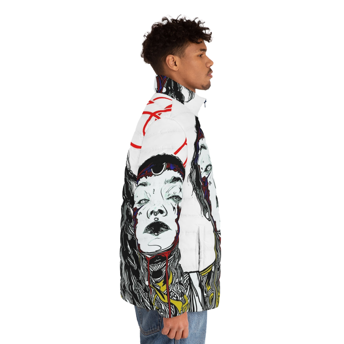 Colorful puffer jacket with cyberpunk cyborg girl design - men side right