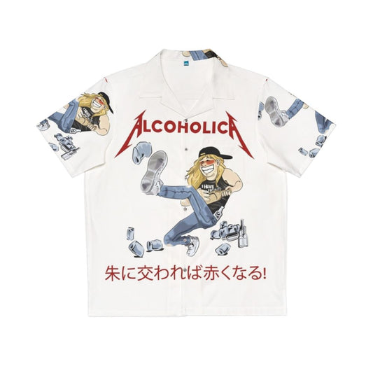 Alcoholica illustration Hawaiian shirt with guitar, long hair, and alcohol graphics