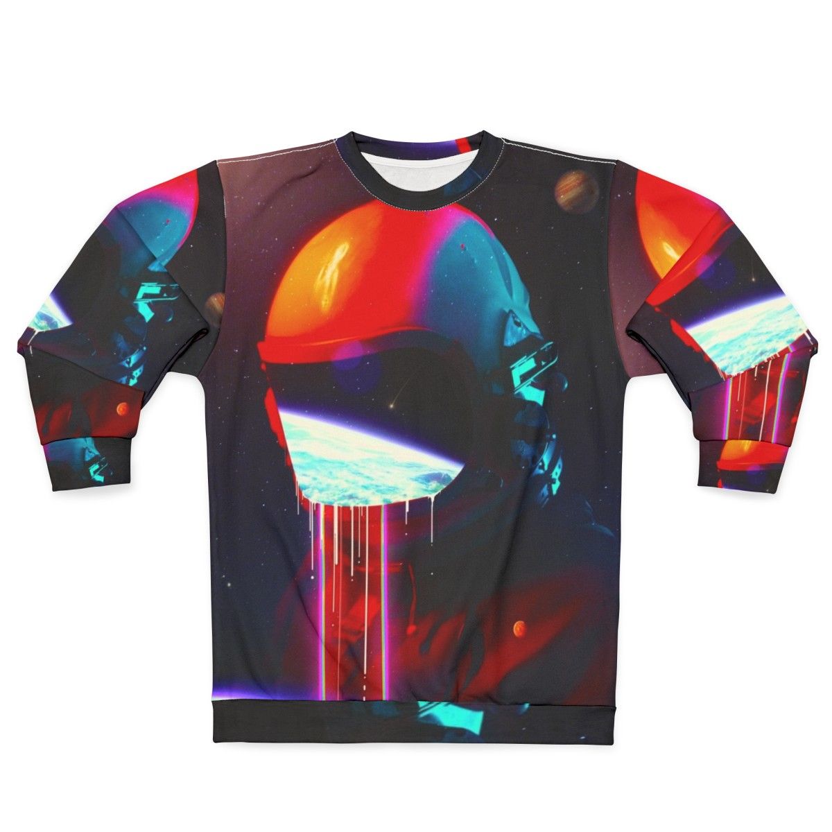 Cosmic leaking sweatshirt with surreal space exploration design