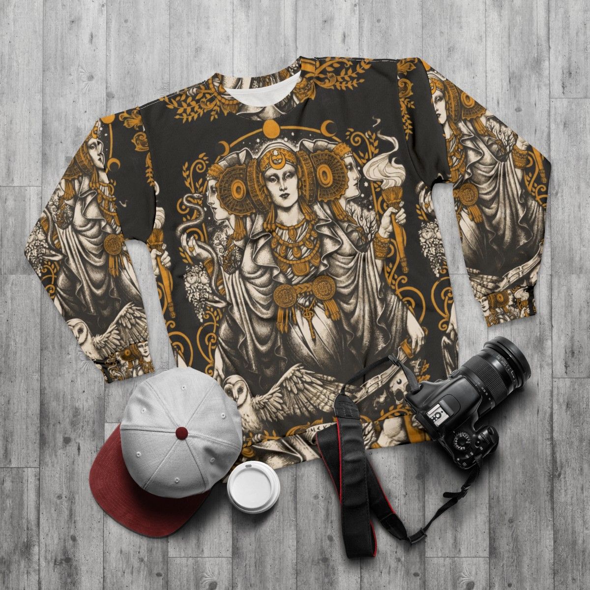 Iberian Hecate Sweatshirt with art nouveau and medusa design - flat lay