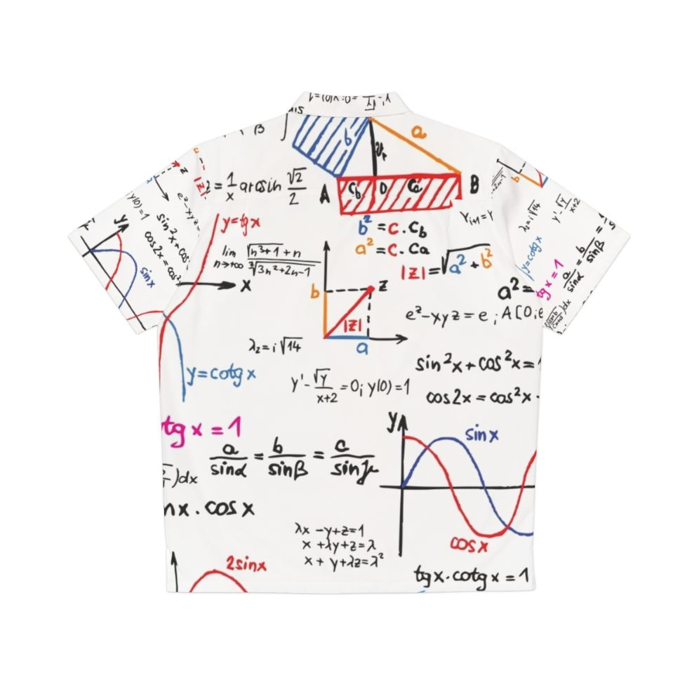 Mathematics formulas and numbers printed on a colorful Hawaiian shirt - Back