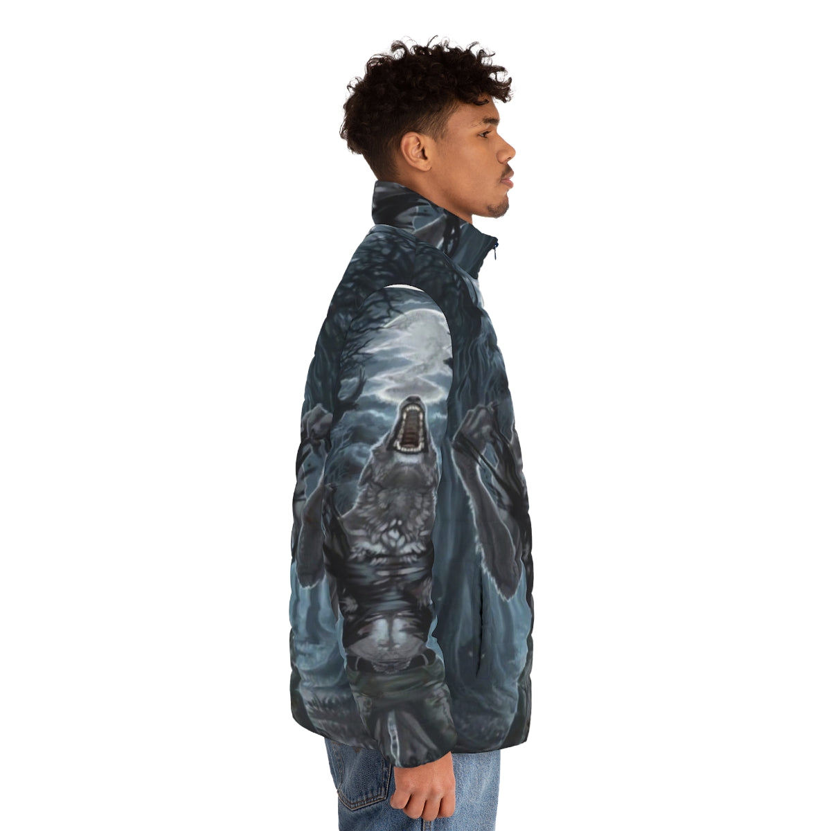 Werewolf ripping through a puffer jacket with claws on a scary moon background - men side right