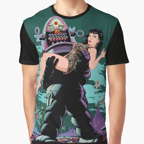 Vintage-inspired graphic t-shirt featuring Robby the Robot and Bettie Page in a retro 1950s sci-fi style.