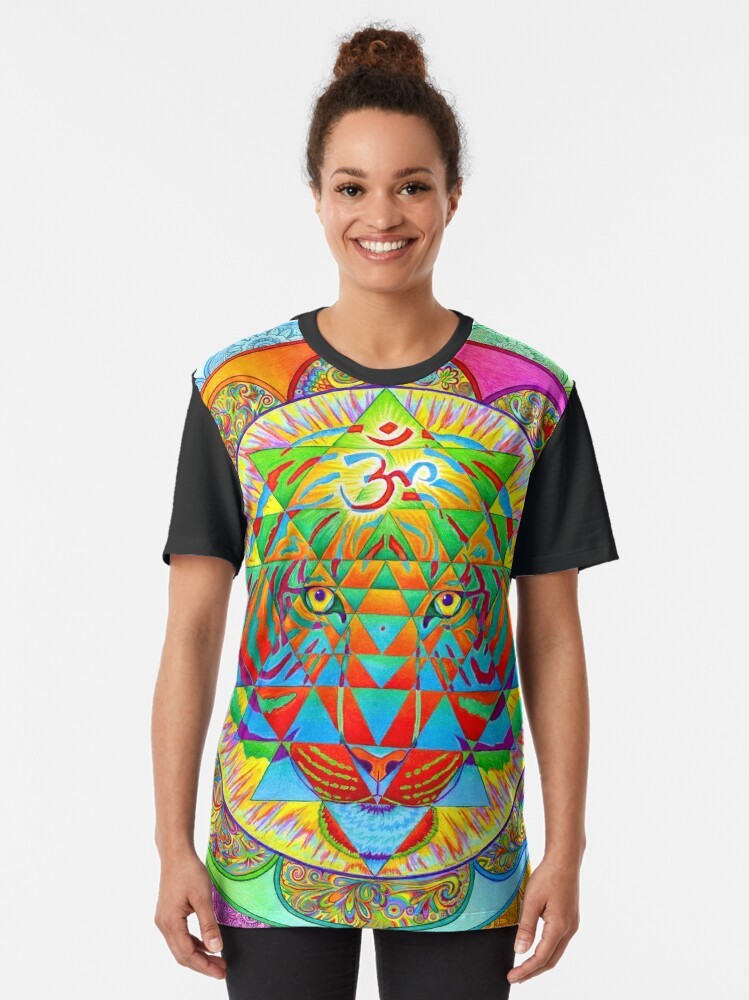 Psychedelic tiger surrounded by a colorful Sri Yantra mandala design on a graphic t-shirt. - Women