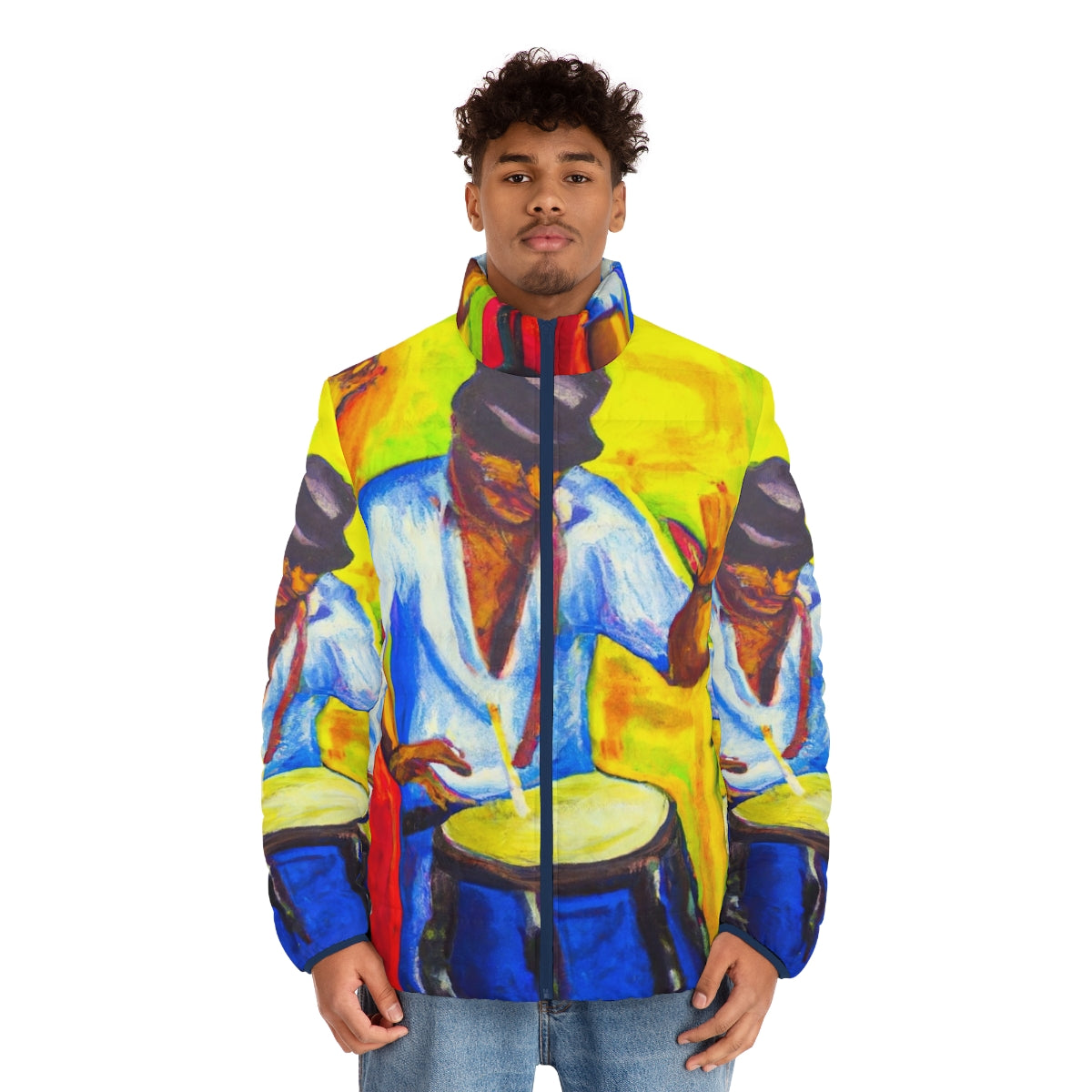 Colorful puffer jacket with oil painting design featuring rumba and latin music elements - men front