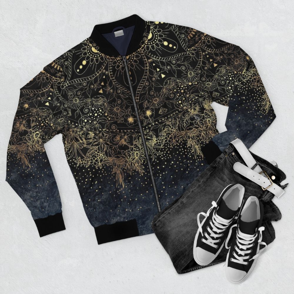 Blue and gold mandala floral pattern on a bomber jacket - Flat lay