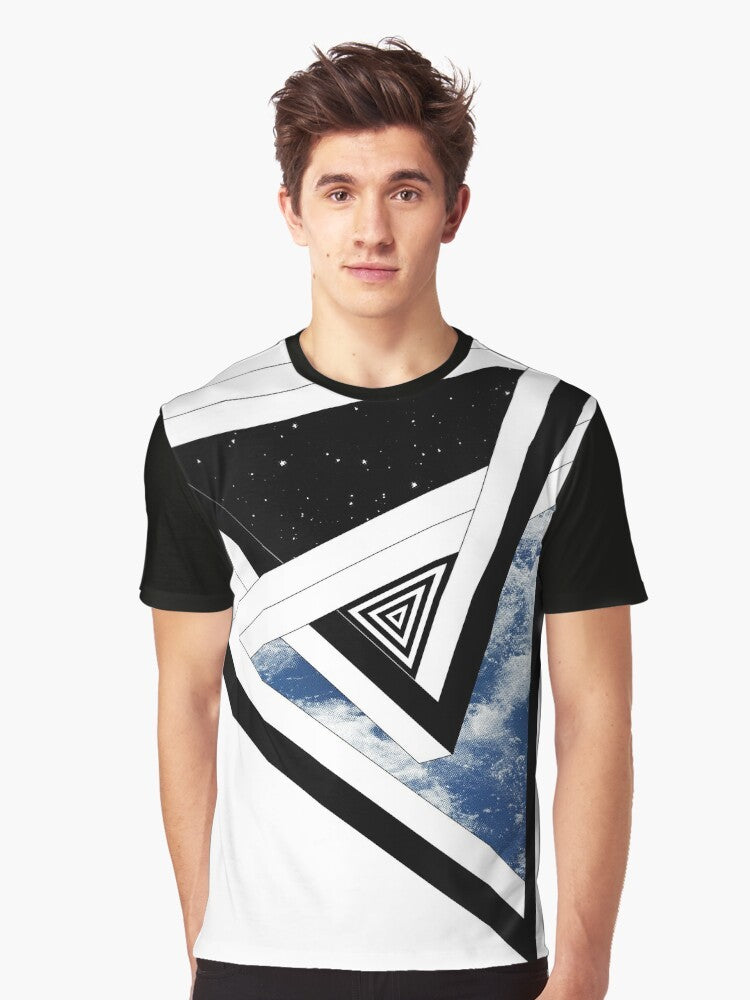 Conceptual graphic t-shirt design featuring a geometric pattern of space, stars, sky, ocean, and waves - Men