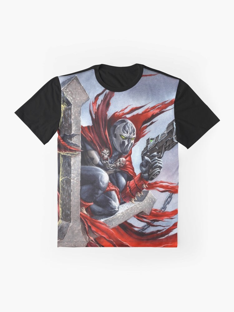 Spawn fanart graphic t-shirt featuring the character Spawn on a cross design - Flat lay