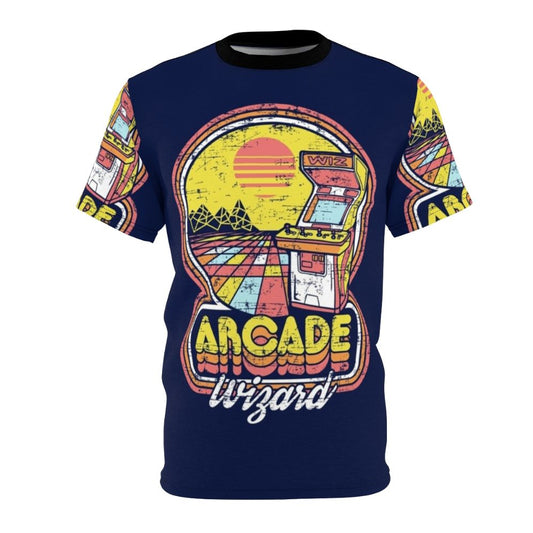 Retro arcade gamer t-shirt featuring pixelated wizard design