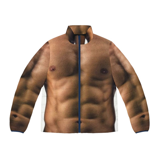 Muscle man wearing a puffer jacket with 6 pack abs