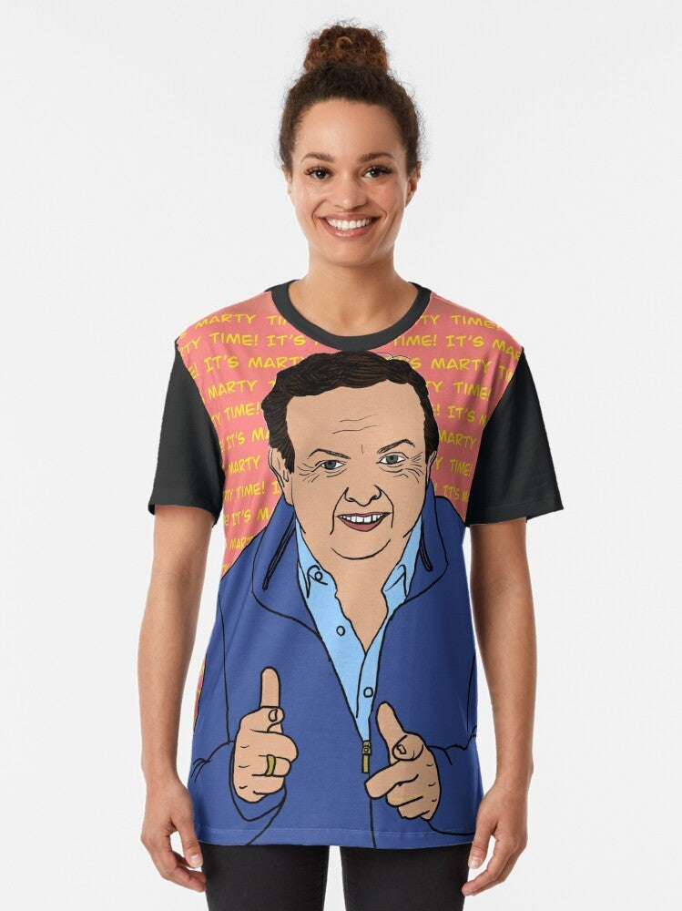 Marty Morrissey Party Graphic T-Shirt - Celebrate the iconic Irish sports presenter with this colorful and humorous design - Women