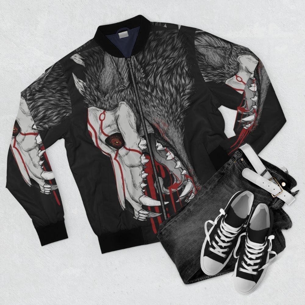 A black bomber jacket with a design inspired by the Grimm creatures from the RWBY anime series. - Flat lay