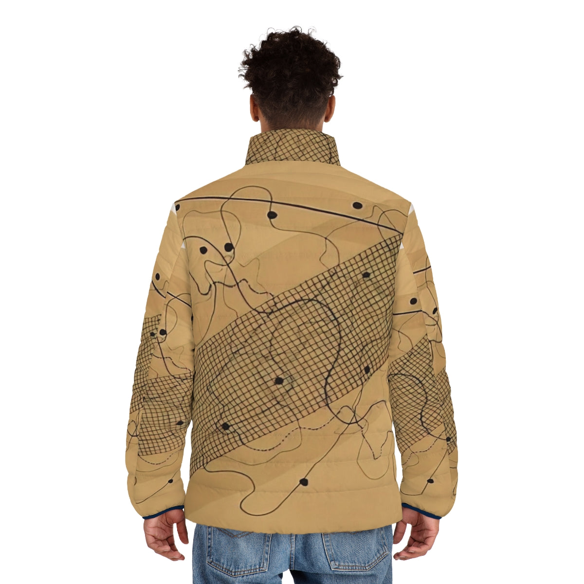 Avant-garde puffer jacket inspired by the compositions of John Cage - men back