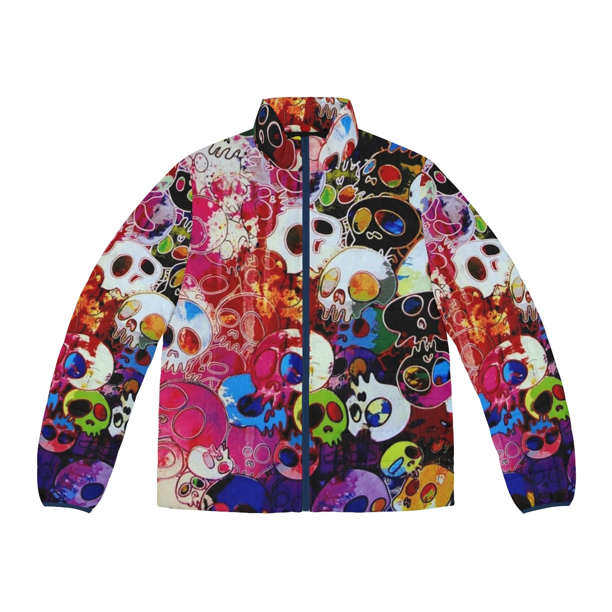 Colorful rainbow skull puffer jacket featuring Takashi Murakami's iconic flower design