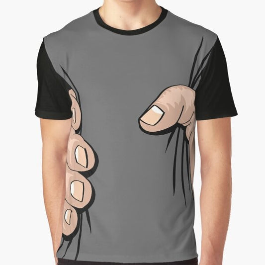 Graphic T-shirt design with a giant hand squeezing a human figure, comical and humorous.