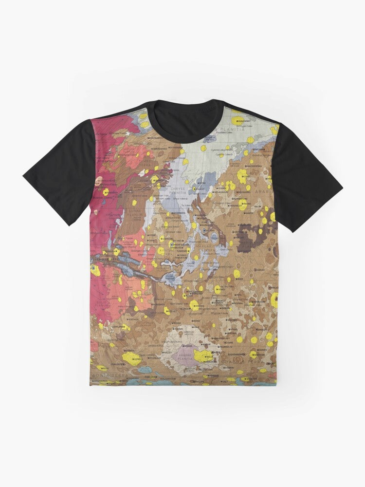 Graphic t-shirt design featuring a map of the geology of Mars, including information about the planet's surface features and terrain. - Flat lay